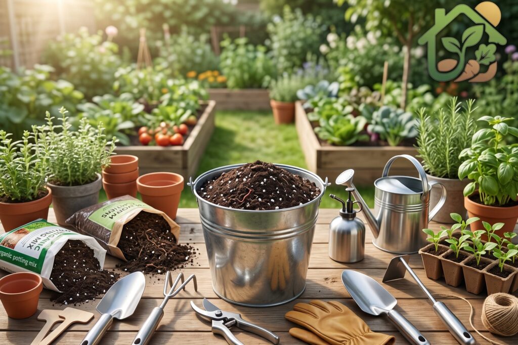 Cubeta con tierra mezclada junto a herramientas de jardinería listas para usar en un huerto casero.