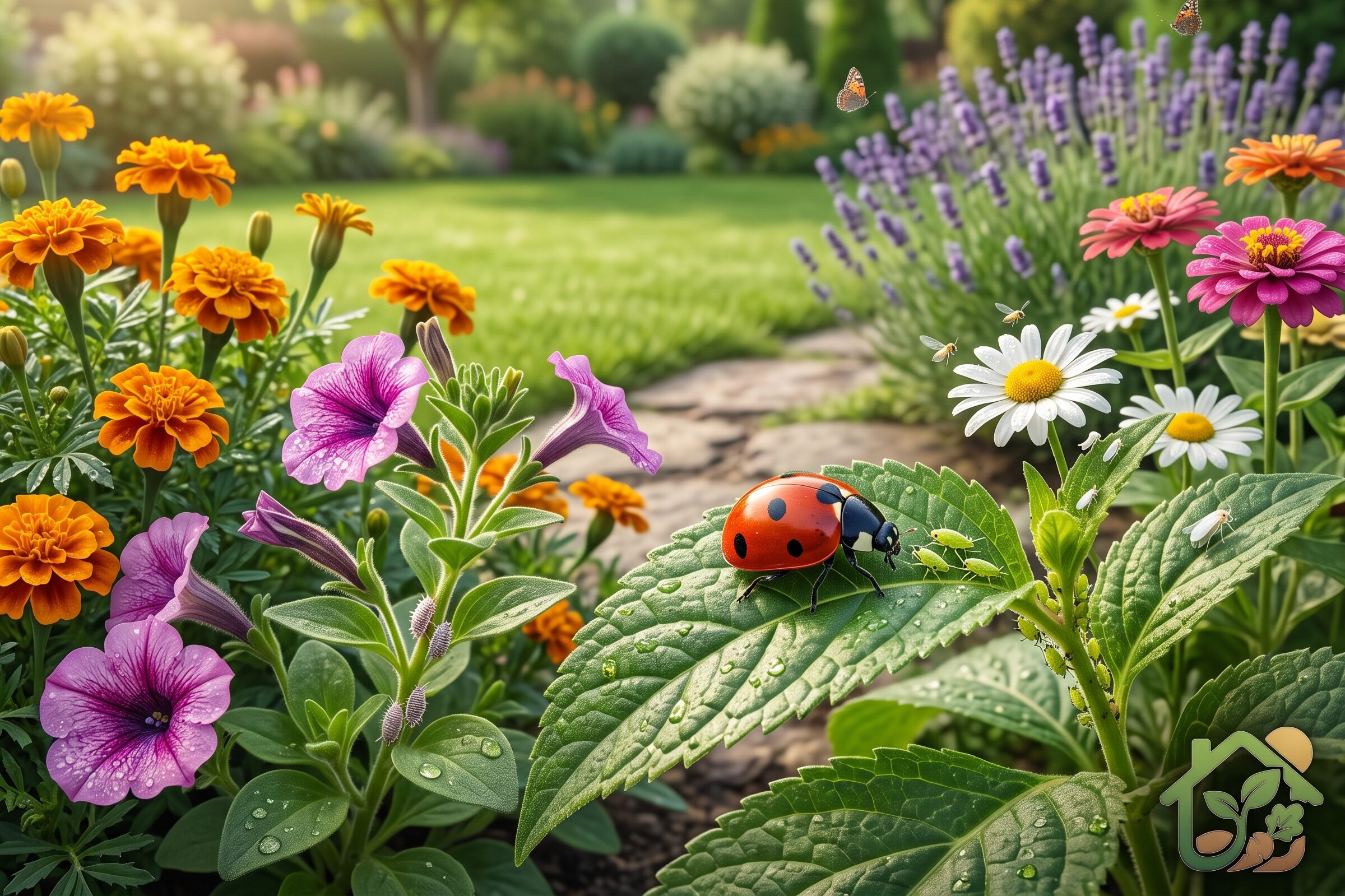 Pulgones, cochinillas, mosca blanca y una mariquita sobre diferentes flores mostrando la diferencia entre plagas e insectos beneficiosos.