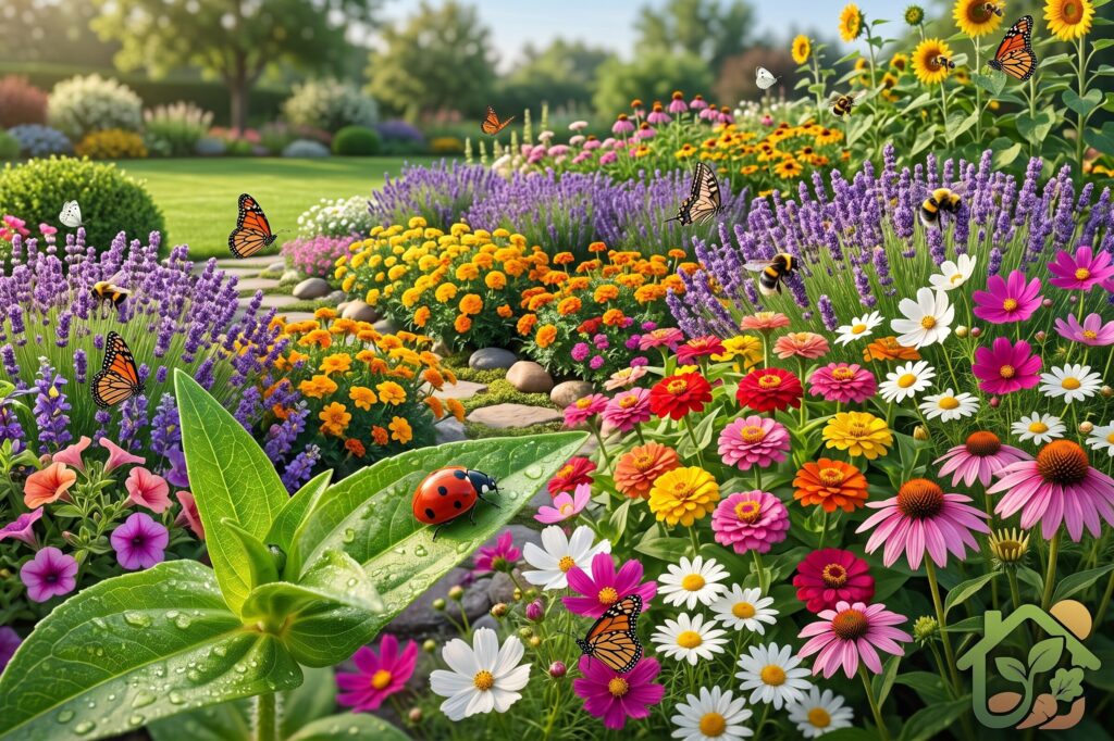 Jardín con flores saludables, una mariquita sobre una planta y varias abejas y mariposas volando en un entorno natural equilibrado.