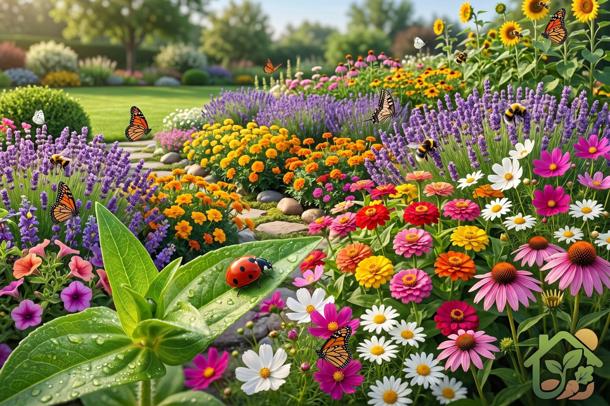 Jardín con flores saludables, una mariquita sobre una planta y varias abejas y mariposas volando en un entorno natural equilibrado.