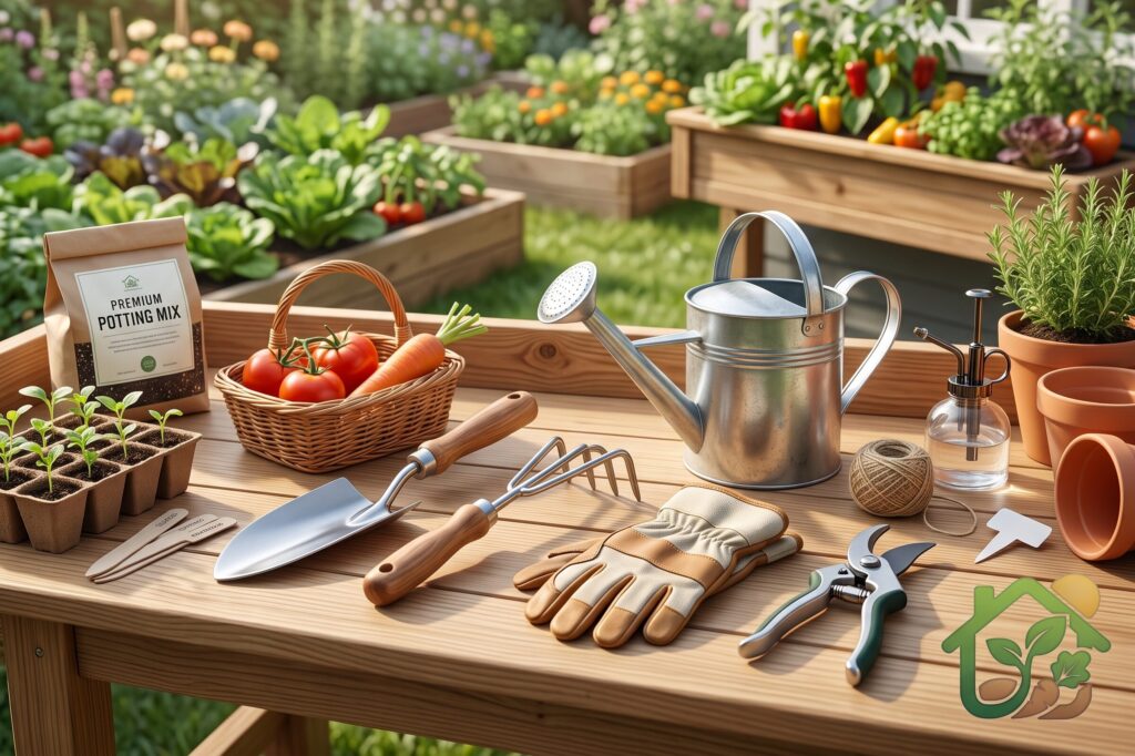 Herramientas básicas de jardinería organizadas sobre una mesa de madera junto a un huerto casero.