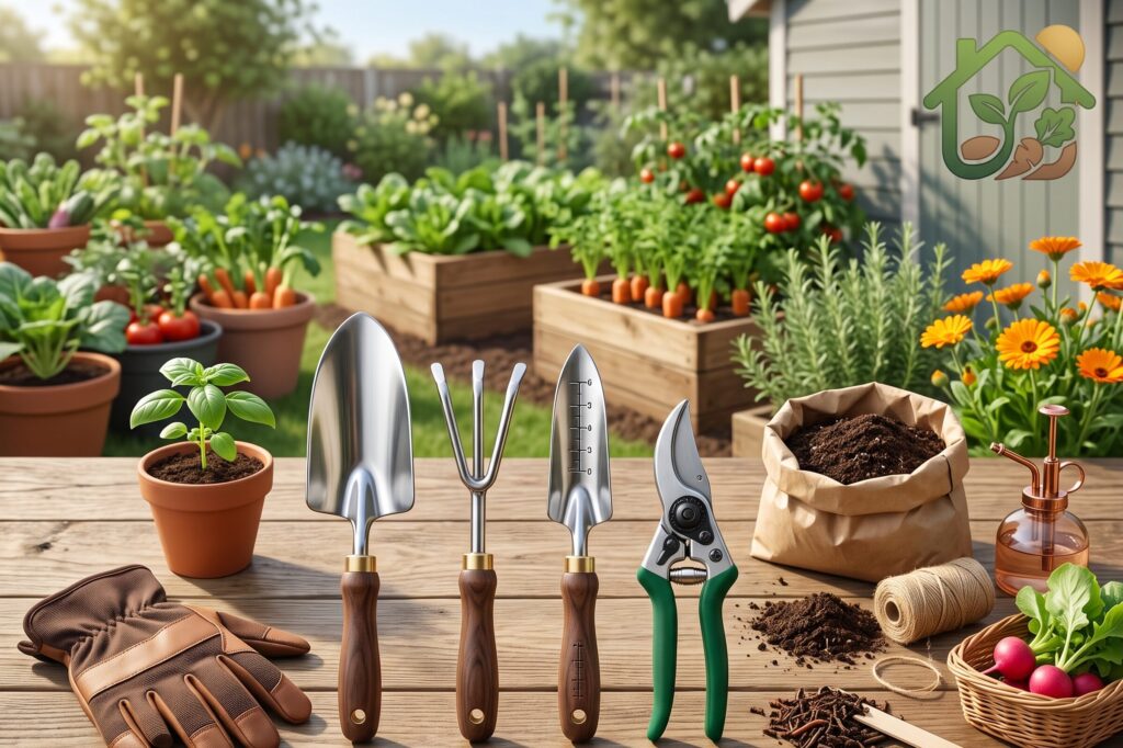 Conjunto de herramientas manuales de jardinería organizadas sobre una mesa de madera junto a un huerto casero.
