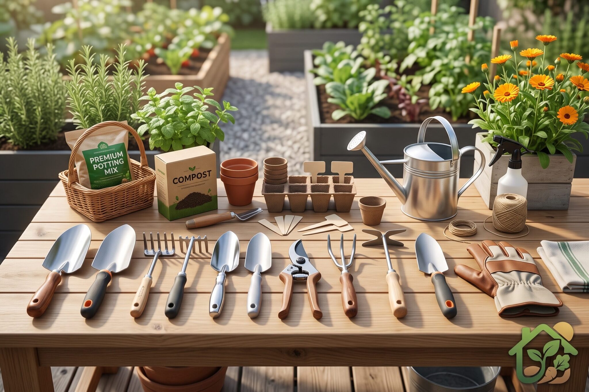 Herramientas de jardinería de acero y aluminio organizadas sobre una mesa de trabajo de madera.