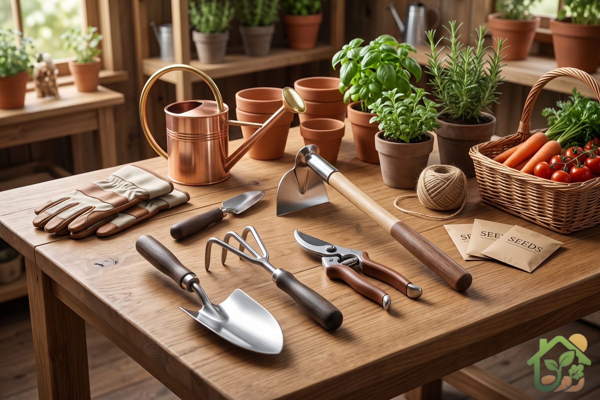 Pala, rastrillo, tijeras de poda y azada de buena calidad ordenadas sobre una mesa de madera en un entorno de jardinería.