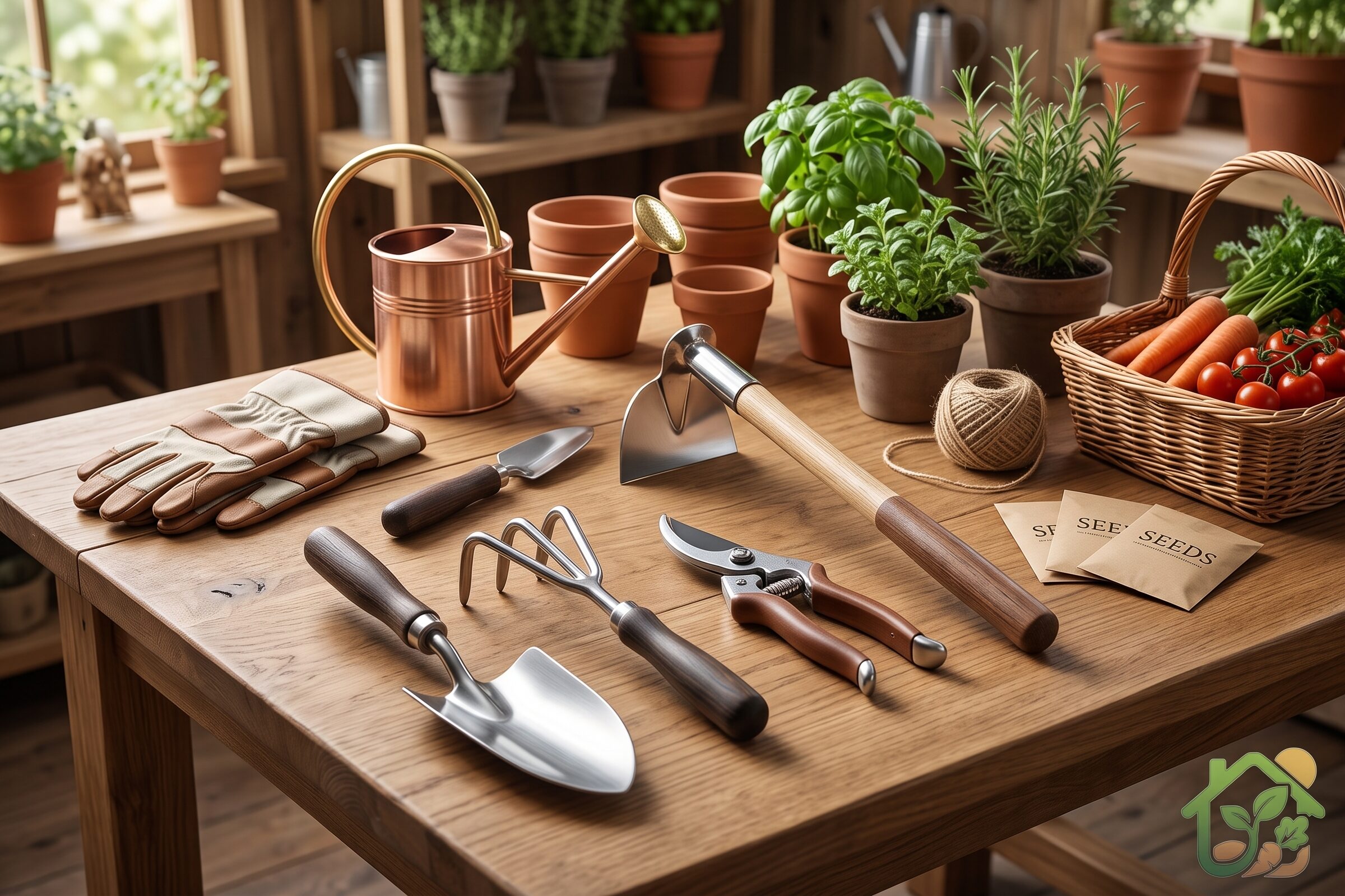 Pala, rastrillo, tijeras de poda y azada de buena calidad ordenadas sobre una mesa de madera en un entorno de jardinería.