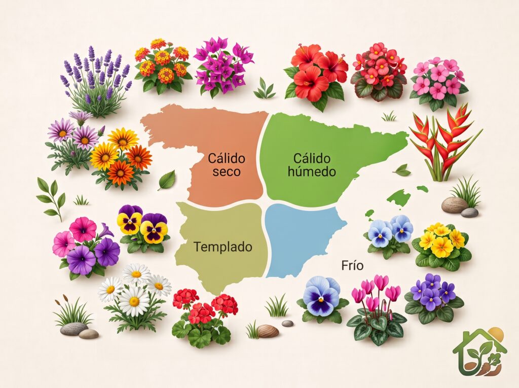 Infografía con un mapa simplificado que muestra tipos de clima y las flores recomendadas para cada región.