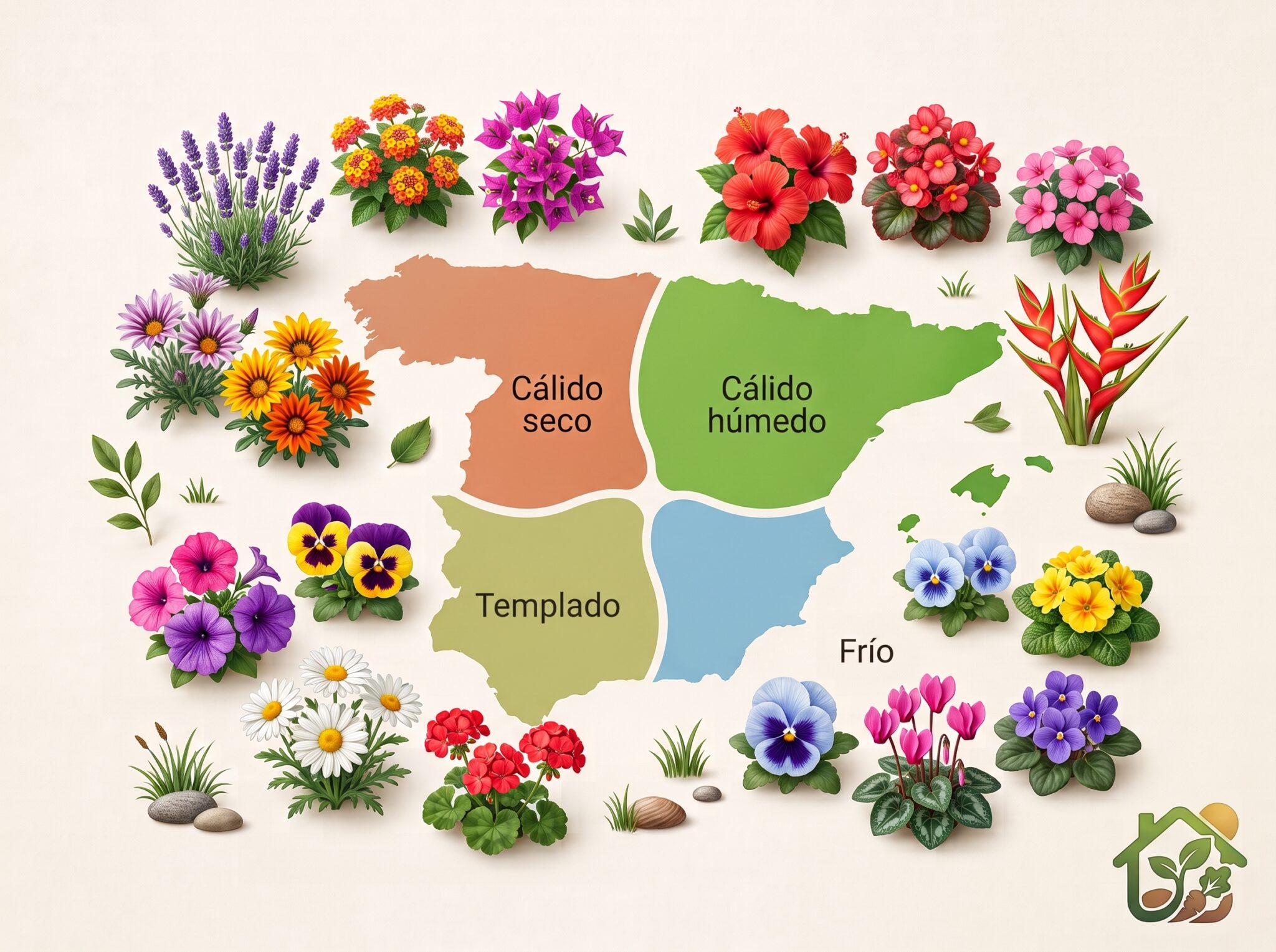 Infografía con un mapa simplificado que muestra tipos de clima y las flores recomendadas para cada región.