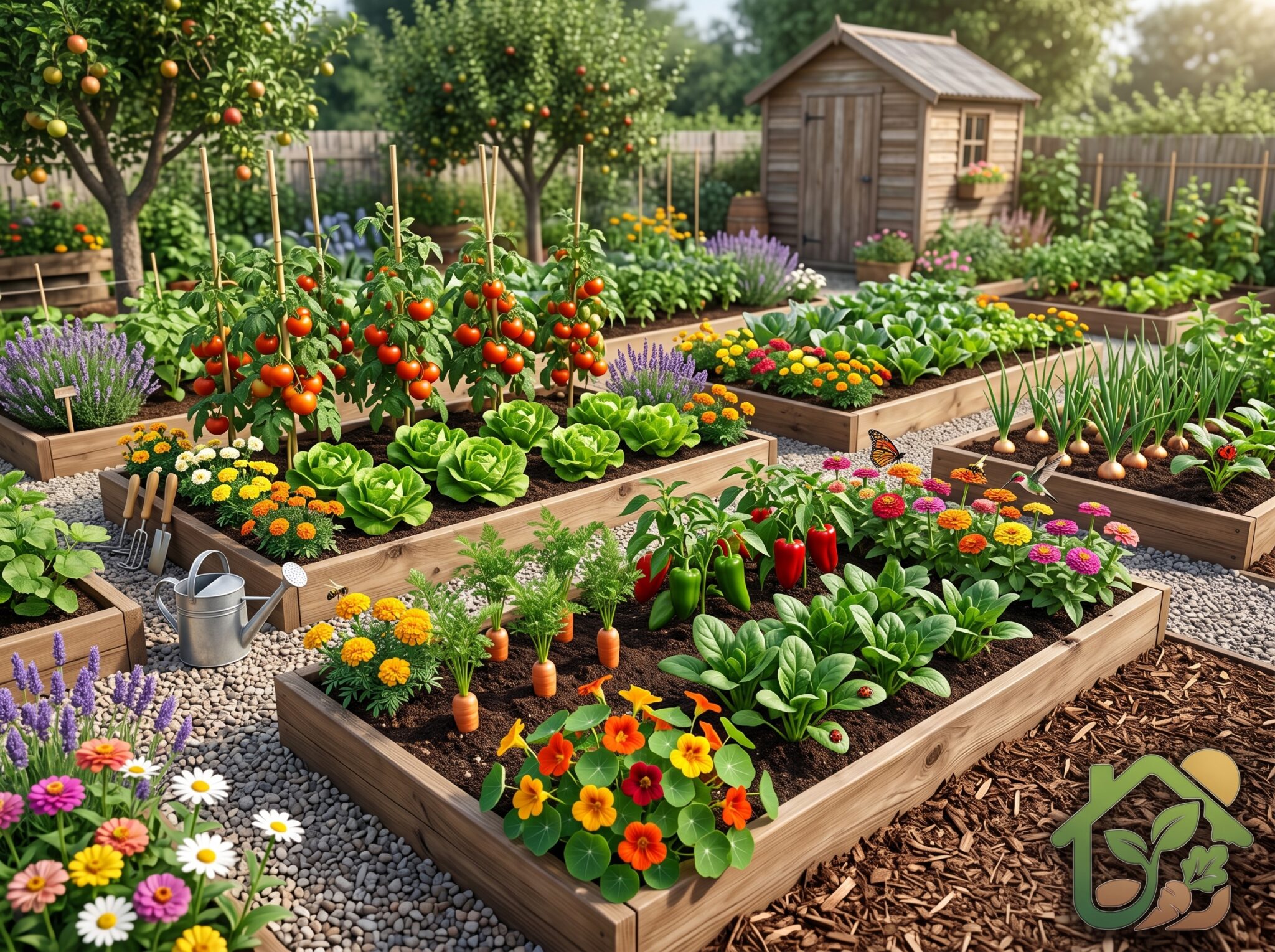 Huerto casero con hortalizas y flores cultivadas juntas para favorecer la biodiversidad y un jardín saludable.