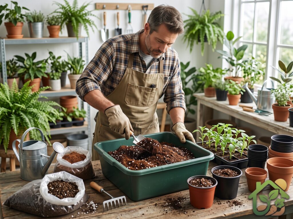 Persona mezclando sustrato con perlita, fibra de coco y compost antes de rellenar macetas para trasplantar plantas.