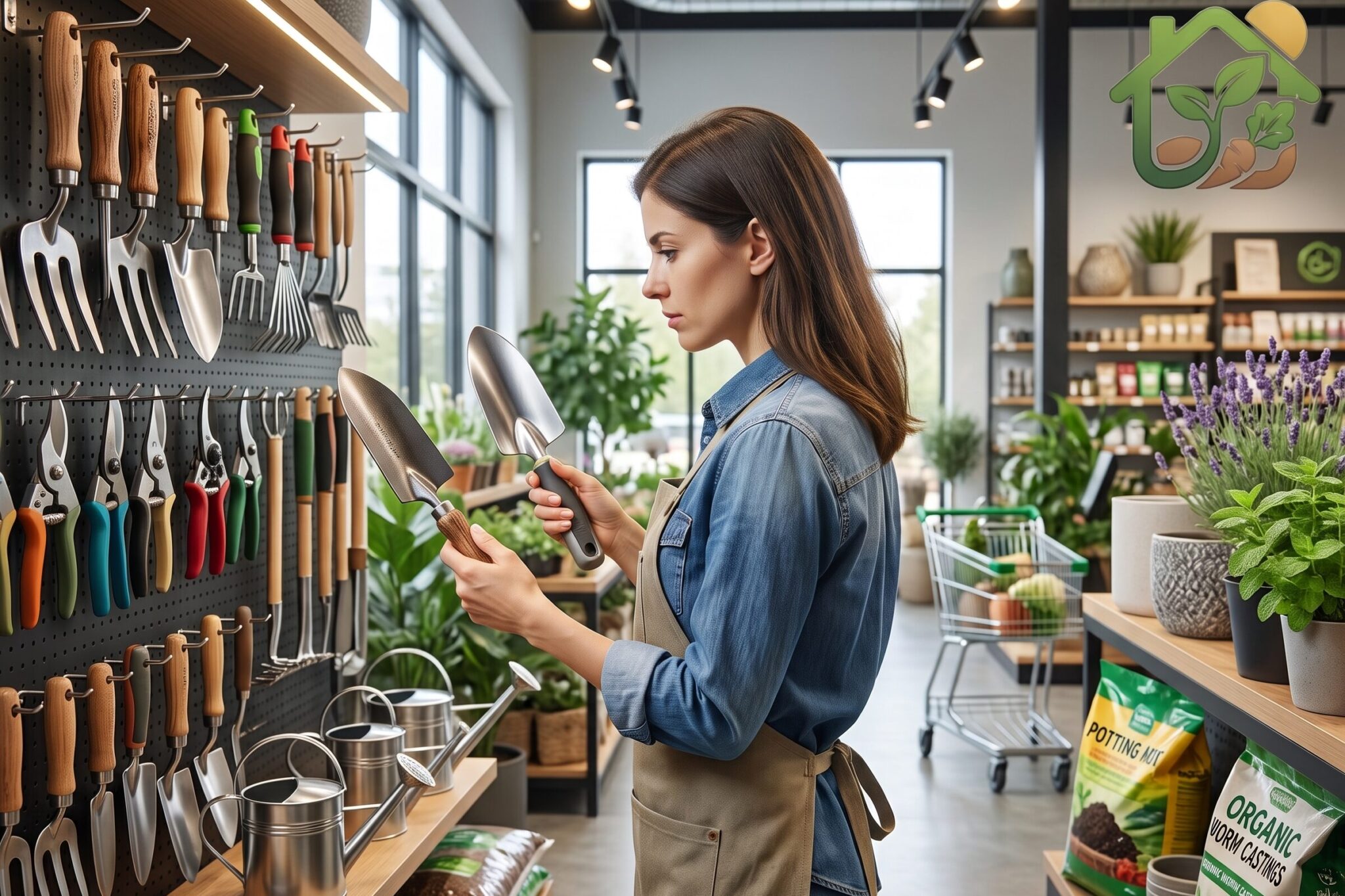 Persona comparando diferentes herramientas de jardinería en una tienda o centro de jardinería.