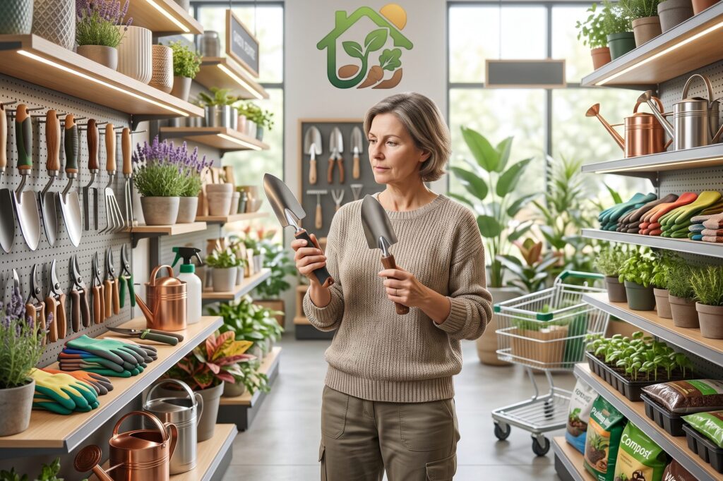 Persona sosteniendo diferentes herramientas de jardinería para comprobar cuál resulta más cómoda.