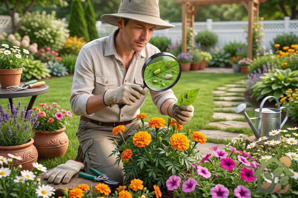 Persona inspeccionando con una lupa las hojas de una planta con flores mientras observa pequeños insectos en un jardín saludable.