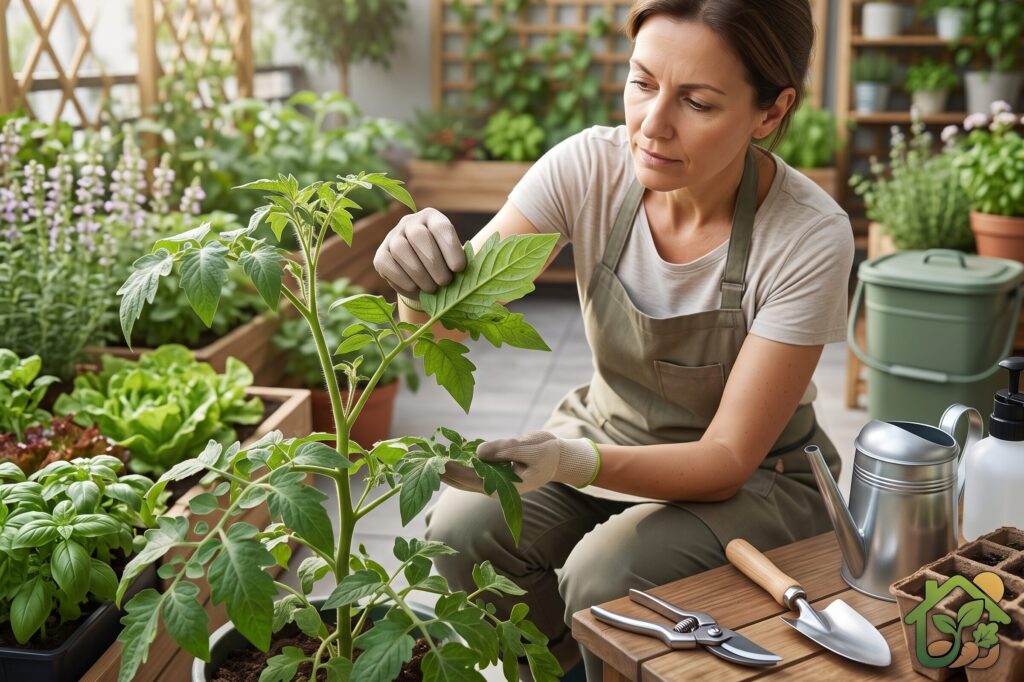 Persona revisando el envés de hojas de una planta en huerta casera