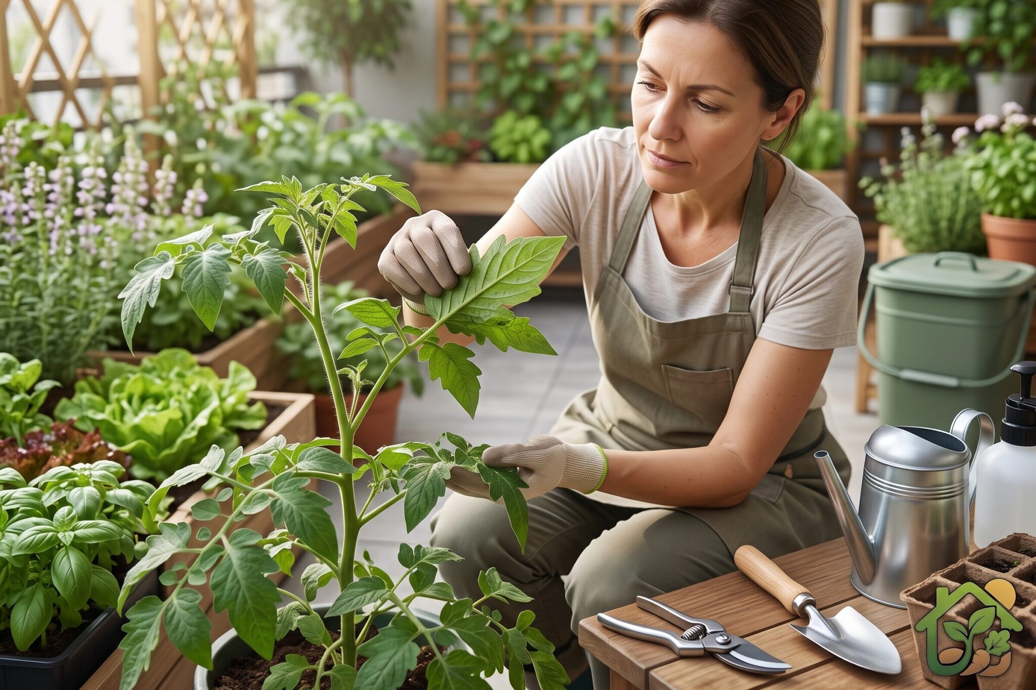 Persona revisando el envés de hojas de una planta en huerta casera