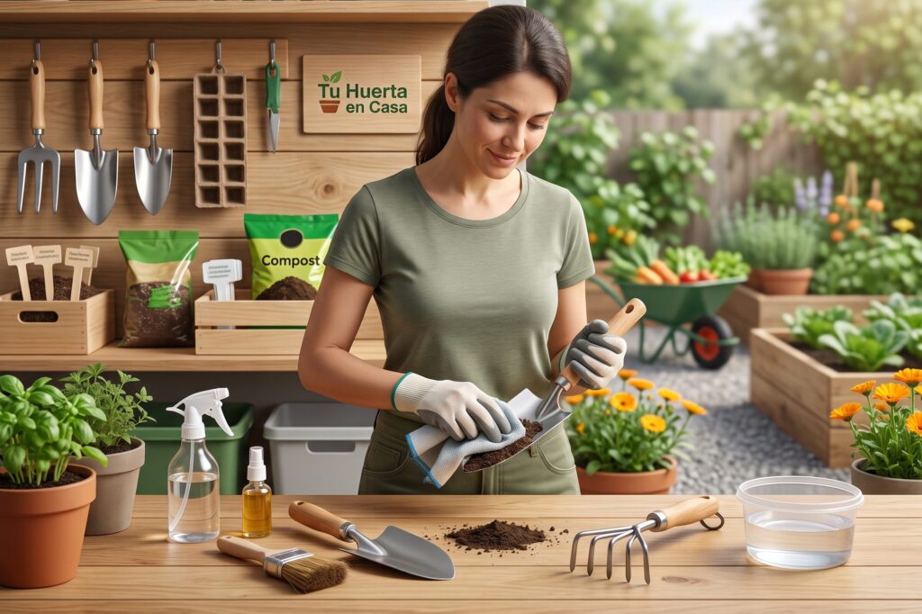 Persona limpiando cuidadosamente herramientas manuales de jardinería antes de guardarlas ordenadamente en un estante de madera.