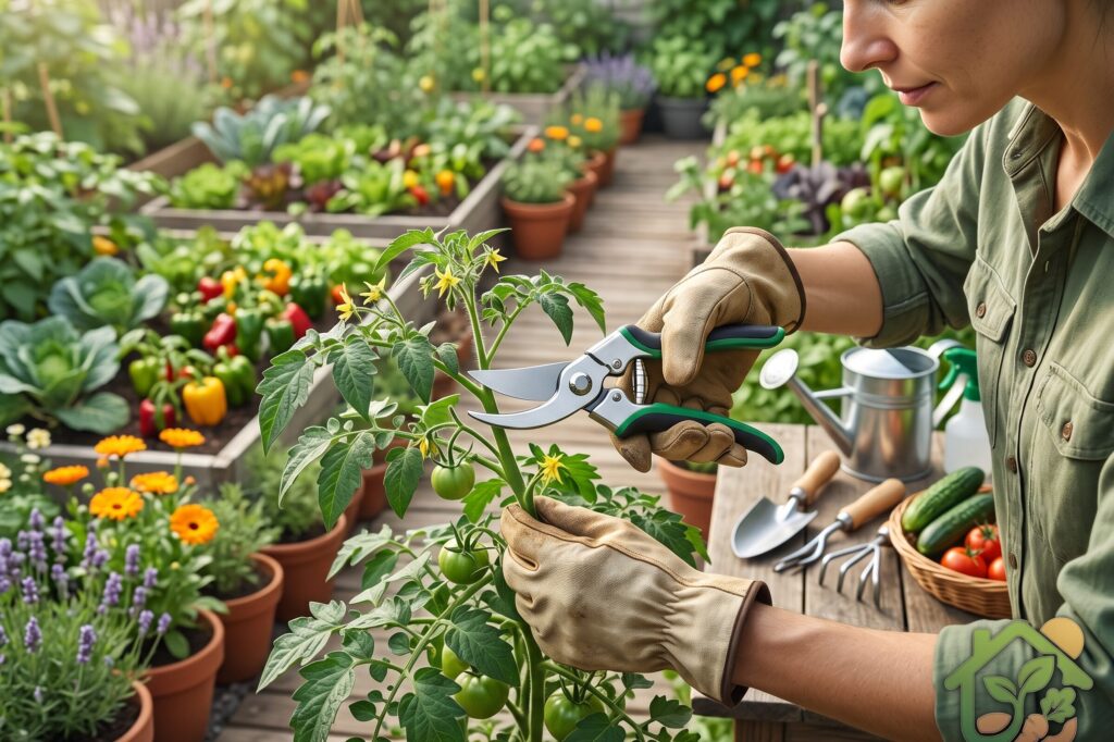 Persona podando una planta con unas tijeras de poda bien afiladas en un huerto casero.