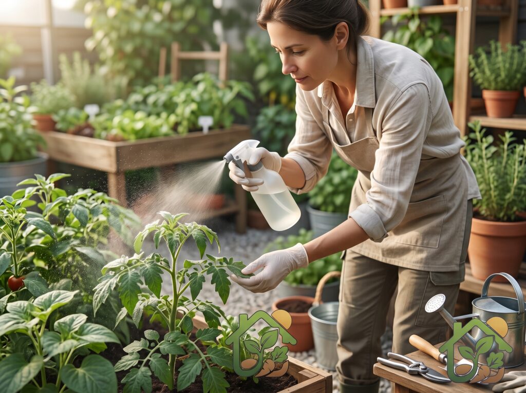 Planta de huerta siendo pulverizada con un tratamiento natural durante un momento de baja intensidad solar