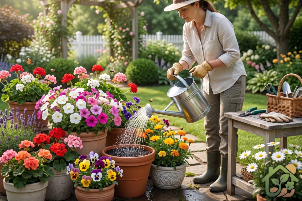 Persona regando varias macetas con una regadera mientras flores coloridas y saludables lucen perfectamente cuidadas en un jardín.