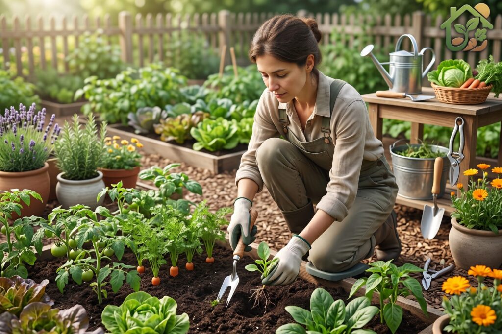 Persona eliminando malas hierbas con un escardador manual entre cultivos de lechuga, tomate y otras hortalizas en un huerto casero.