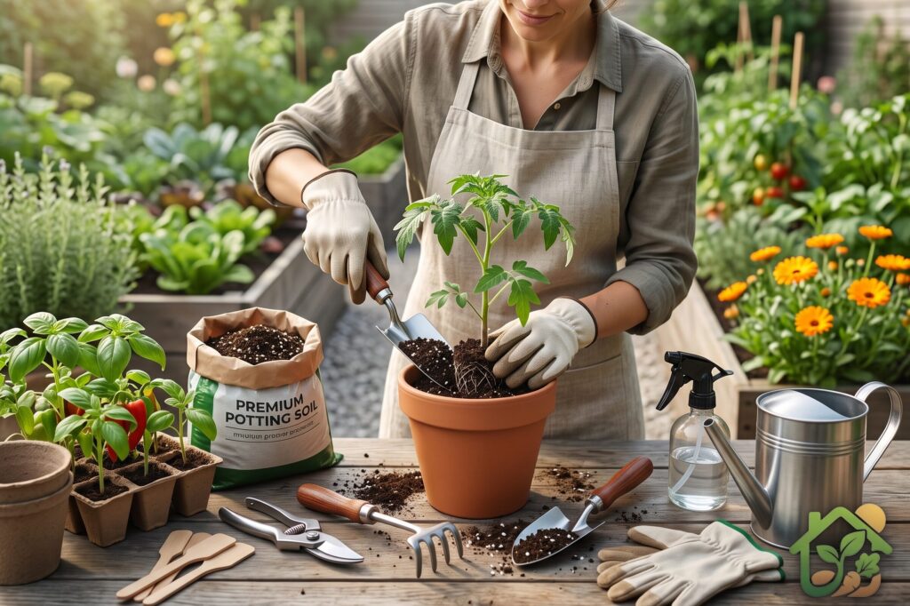 Persona utilizando una pala de mano para sembrar una planta en una maceta con sustrato fértil en un huerto casero.