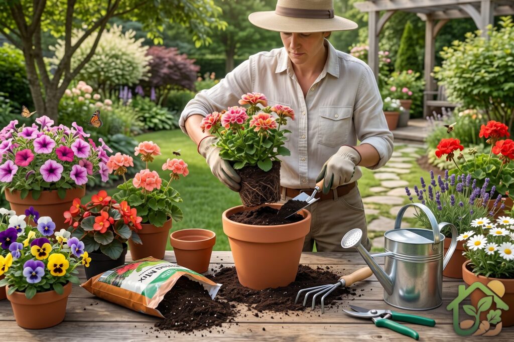 Persona trasplantando una planta con flores a una maceta amplia utilizando sustrato nuevo y herramientas básicas de jardinería.