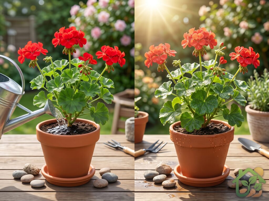 Comparación entre una planta regada por la base y otra con hojas mojadas bajo el sol directo.