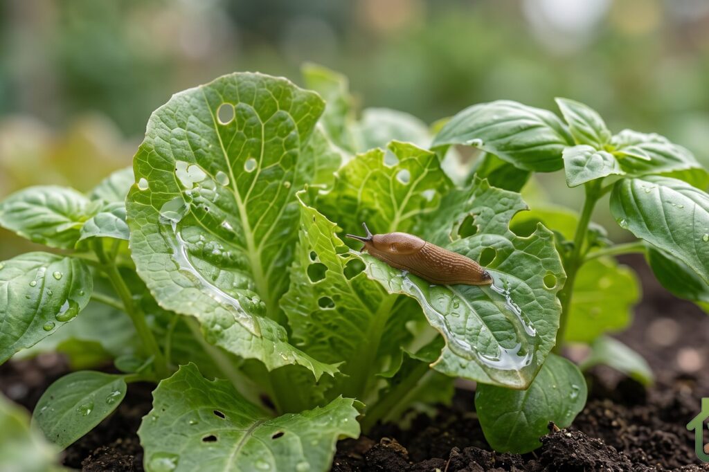Hojas de huerta con mordidas de babosas y rastro brillante visible