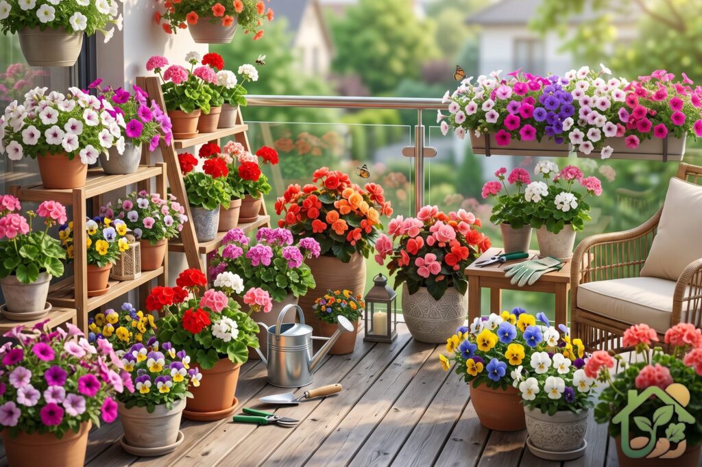 Terraza decorada con macetas de petunias, geranios, begonias y pensamientos en un ambiente natural, fresco y perfectamente cuidado.