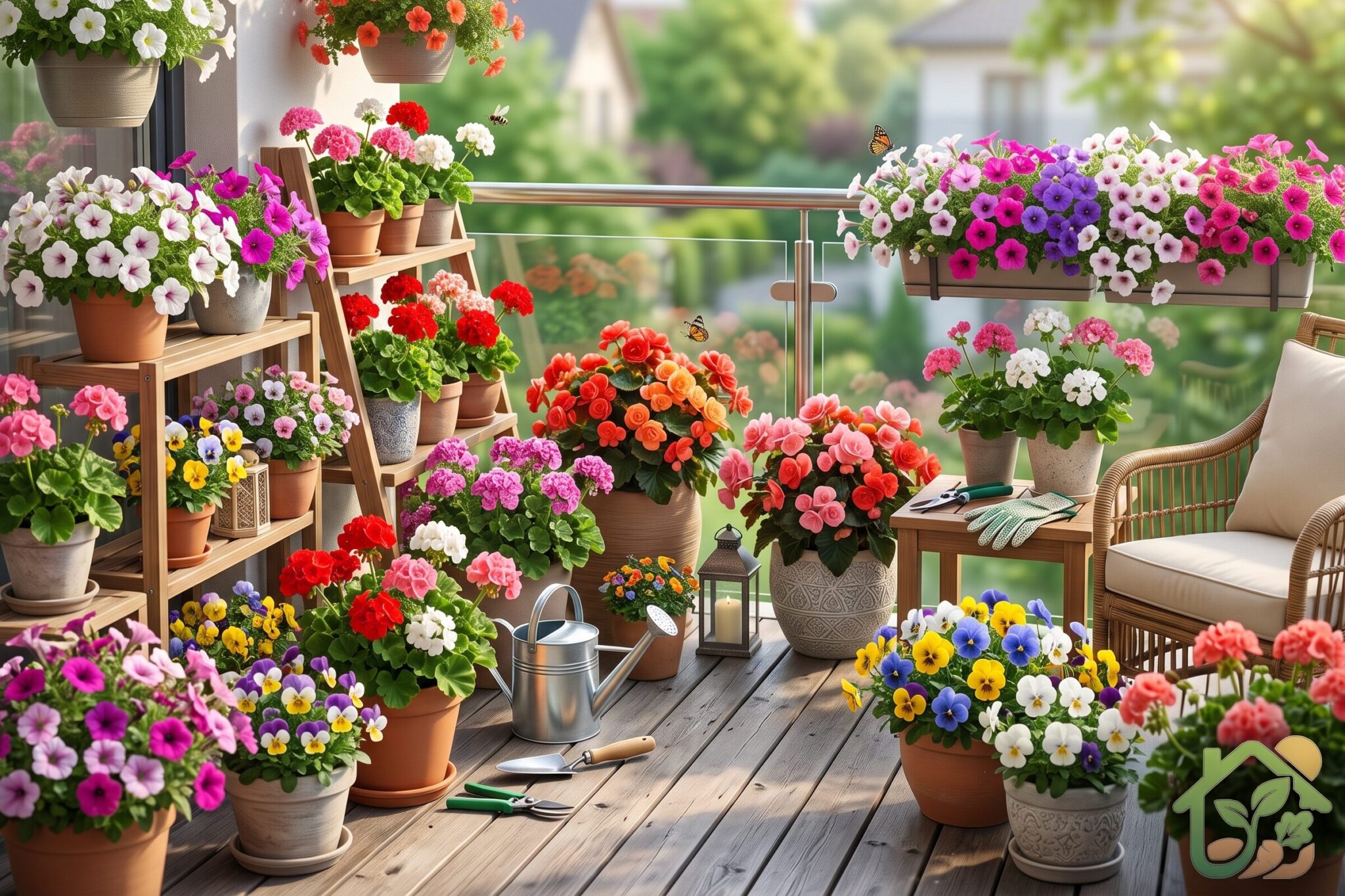 Terraza decorada con macetas de petunias, geranios, begonias y pensamientos en un ambiente natural, fresco y perfectamente cuidado.