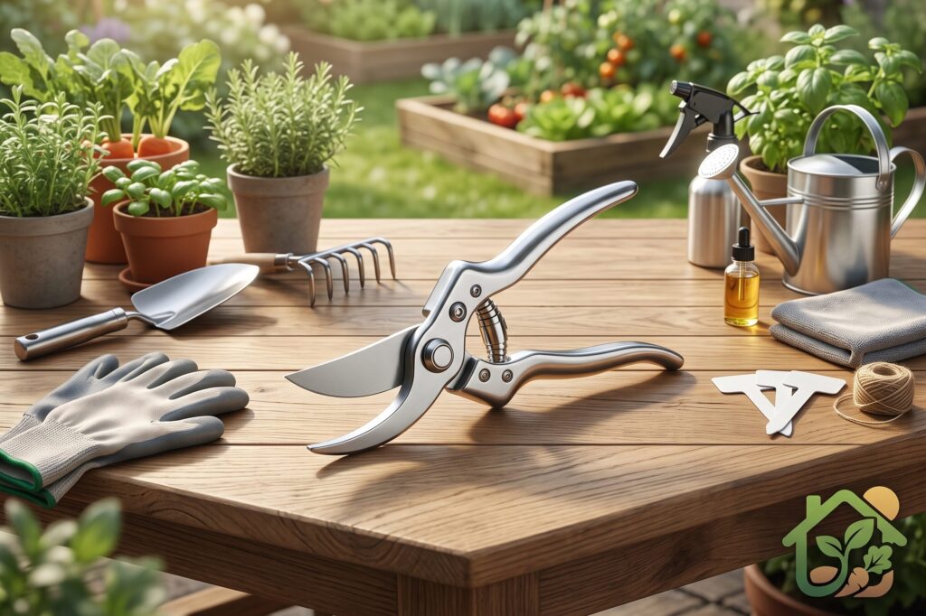 Tijeras de poda de acero inoxidable limpias y brillantes sobre una mesa de madera para jardinería.