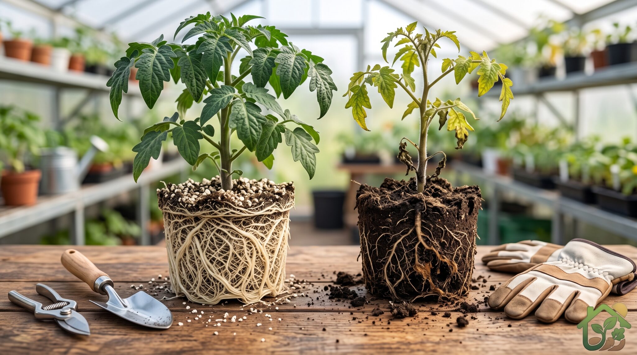 Raíces sanas junto a raíces dañadas de una planta de huerta para comparar su estado
