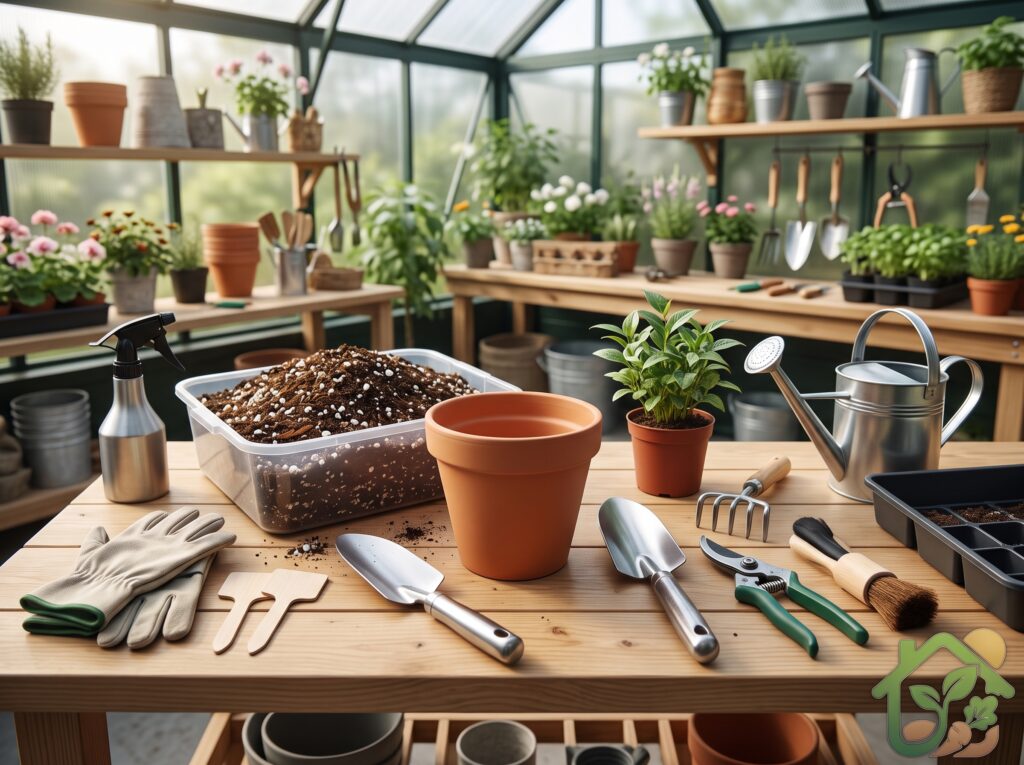 Maceta nueva, sustrato preparado y herramientas de jardinería limpias listas para realizar un trasplante de plantas.