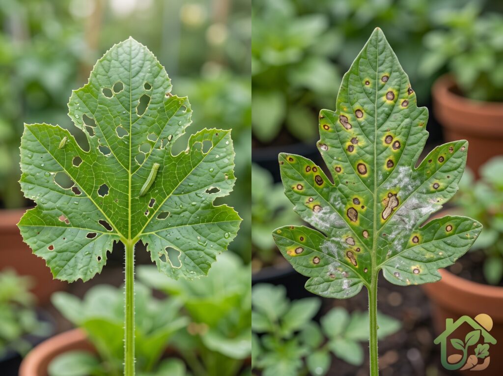 Comparación entre una hoja dañada por insectos y otra con síntomas típicos de una enfermedad fúngica en plantas.