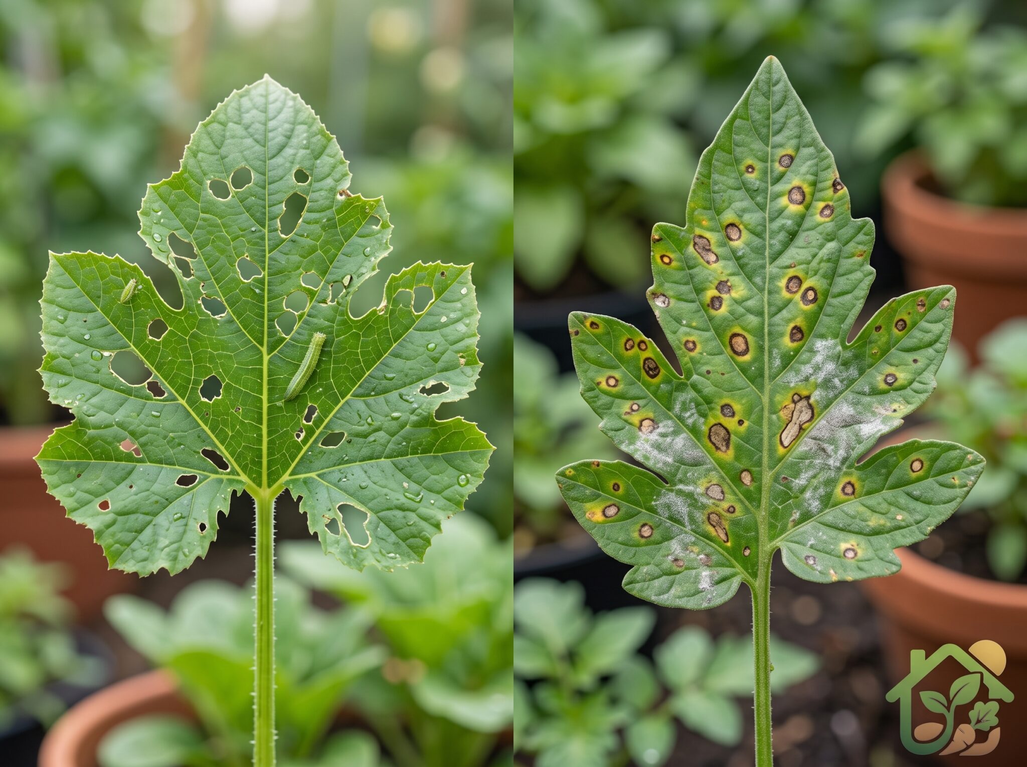 Comparación entre una hoja dañada por insectos y otra con síntomas típicos de una enfermedad fúngica en plantas.