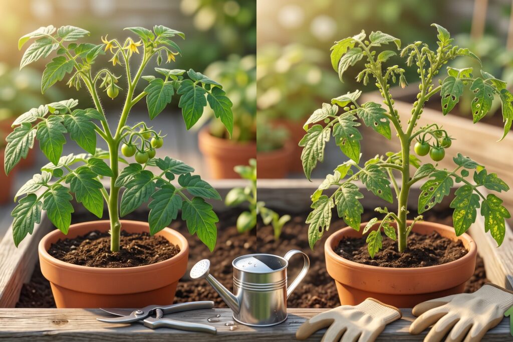 Comparación entre una planta sana y otra con daños causados por plagas comunes