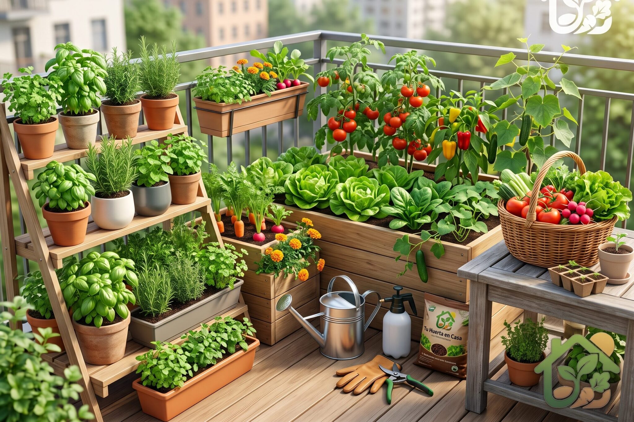 Pequeño huerto urbano con varias macetas cultivando diferentes hortalizas en un balcón soleado.