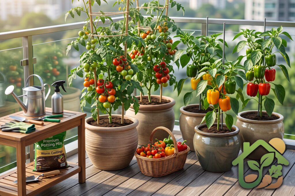 Tomates cherry y pimientos creciendo en macetas con tutores en una terraza soleada.