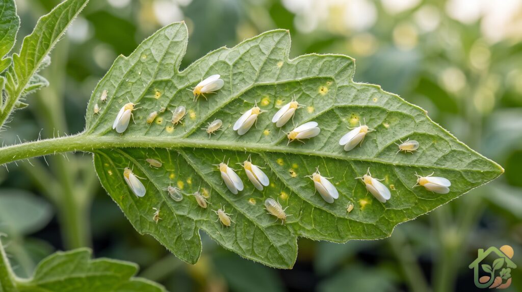 Primer plano del envés de hojas con mosca blanca en una planta de huerta