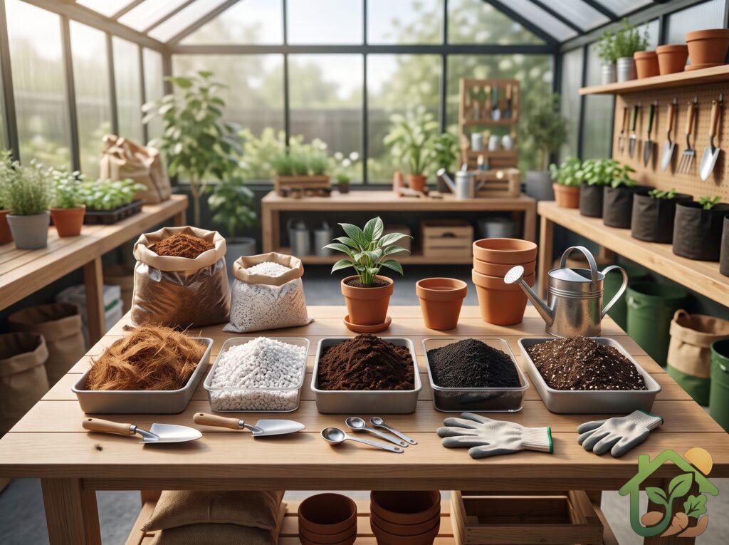 Fibra de coco, perlita, compost, humus de lombriz y tierra vegetal organizados sobre una mesa para preparar sustratos.
